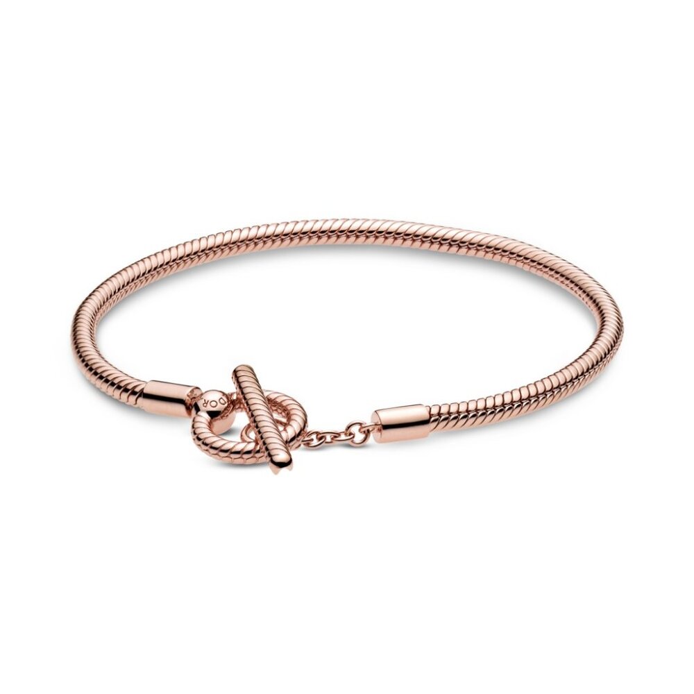 Pandora Rose Gold Plate T-Bar Snake Chain Bracelet, New 589087C00